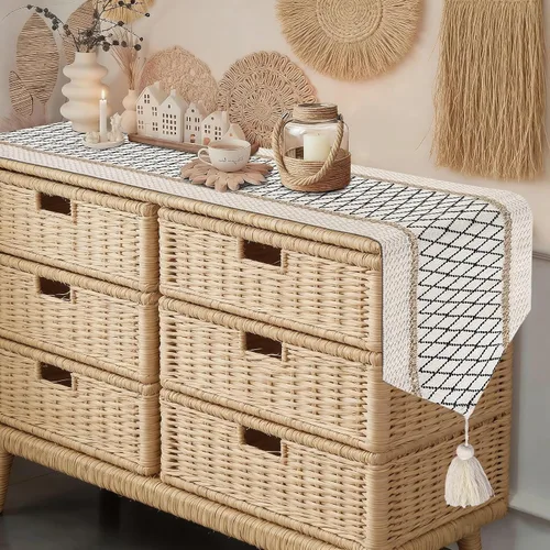 Vista 15 de yuboo Camino de mesa bohemio con extremo triangular, caminos de mesa pequeños de 36 pulgadas, cubierta de tocador de macramé para mesita de noche