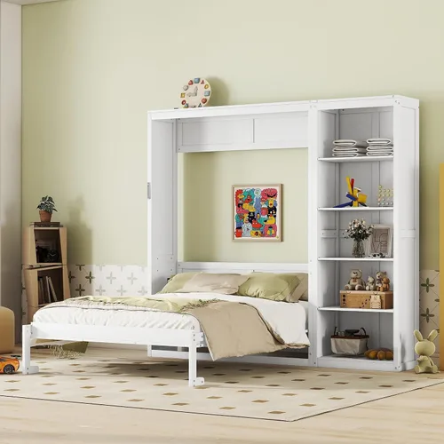 Vista 12 de Cama Murphy de tamaño matrimonial con armario de almacenamiento, ropa y 3 Blanco