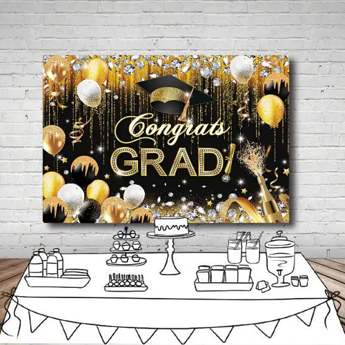 Vista 4 de MEHOFOND Telón de fondo con texto en inglés "Congrats Grad" para la clase de 2025, decoraciones de fiesta de graduación para fotografía