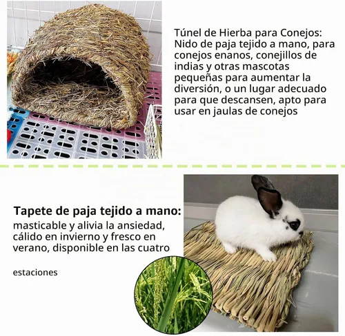 Vista 6 de Hamiledyi Túnel de hierba de conejo, cama de hierba de conejo, tapete tejido de paja natural para invierno, cabaña escondida cálida para conejo