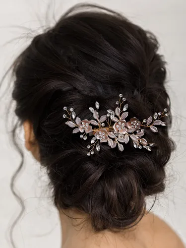 Vista 4 de SWEETV - Peineta de novia con diamantes de imitación, hecha a mano, diseño de flores 1: Oro rosa claro