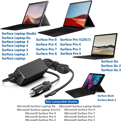 Vista 2 de KFD Cargador de coche 15V 6.33A 12V-24V DC Adaptador compatible con Microsoft Surface Book 3 2 1 Surface Go 1 2 3 4 Surface Laptop 7 6 5 4 3 2 1 Go