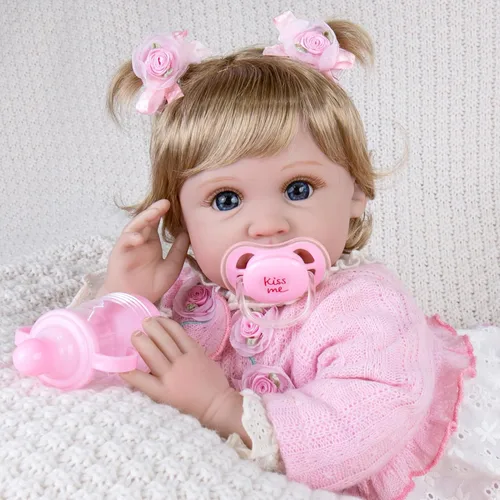Vista 8 de Aori Muñecas Reborn de 22 pulgadas – Muñeca de bebé realista para niños de 3 años en adelante – Bebé recién nacido realista con traje rosa – Cuerpo