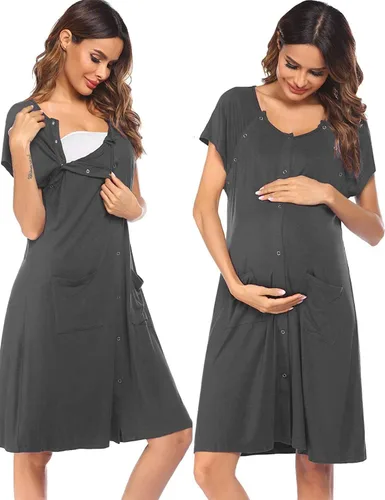 Vista 13 de Ekouaer - Vestido de maternidad 3 en 1 para trabajo de parto/hospital, camisón de lactancia, ropa de dormir para amamantar con botones S-XXL A-Negro