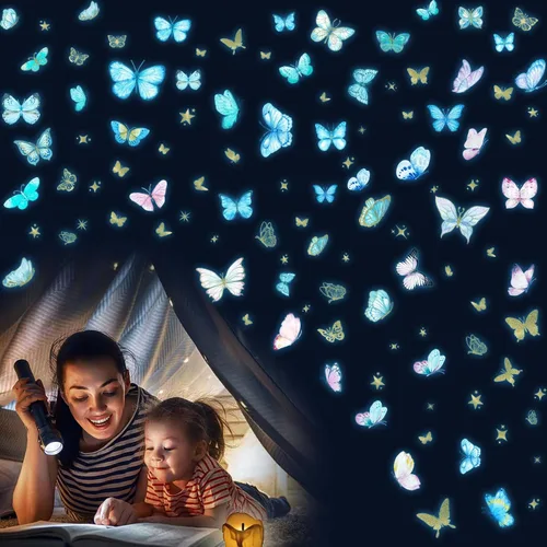 Vista 7 de Calcomanías de pared que brillan en la oscuridad - Adhesivos de mariposas luminosas, calcomanías autoadhesivas removibles coloridas para dormitorio