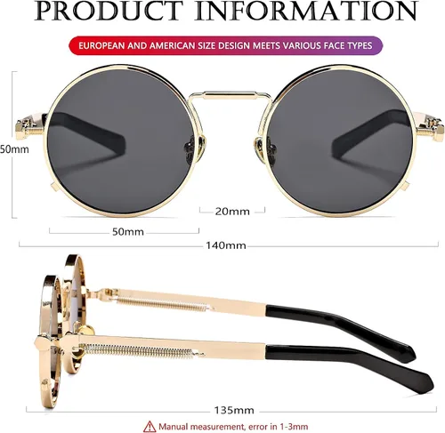 Vista 7 de AIEYEZO Gafas de sol redondas Steampunk con montura de metal gótico, 100% bloqueo UV