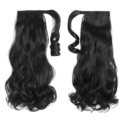 Vista 2 de Extensiones de cola de caballo, extensión de cola de caballo negra de 16 pulgadas, corta, ondulada, rizada, envolvente, resistente al calor
