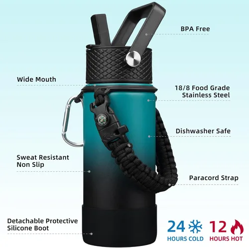 Vista 2 de BJPKPK - Botella de agua con tapa de popote, botellas de agua aisladas de 18 onzas con 3 tapas, asa de cuerda de paracaídas y base antideslizante