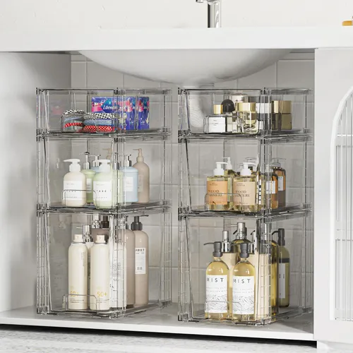 Vista 2 de Vtopmart Paquete de 3 cajones de almacenamiento apilables transparentes, organizadores de baño fáciles de montar y almacenamiento con asas, cajones