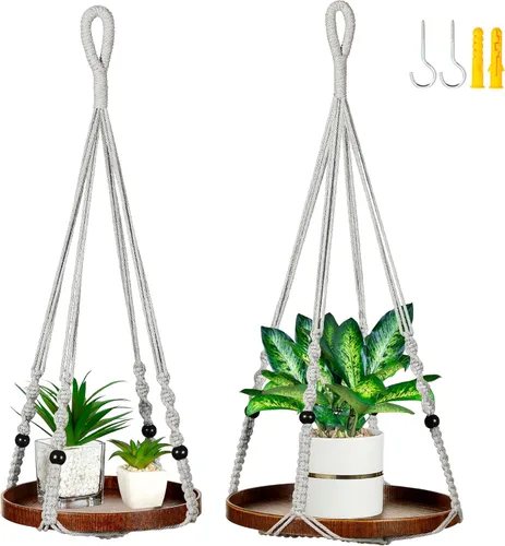 Vista 12 de Colgador de macramé de 2 niveles Colgador de plantas para interiores, maceta colgante Estante para macetas colgantes (beige)