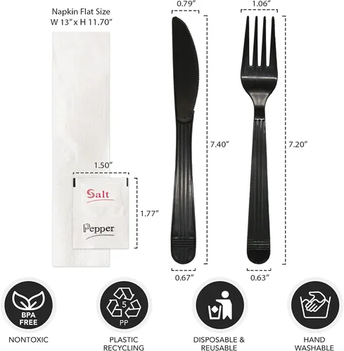 Vista 3 de Party Essentials Juego de utensilios de plástico negro envueltos individualmente/paquetes de cubiertos resistentes
