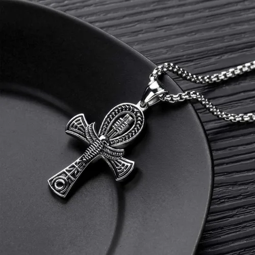 Vista 4 de Rehoboth Collar con colgante de cruz de Ankh copta egipcia antigua de acero inoxidable para niños mujeres y hombres cadena de 24 pulgadas