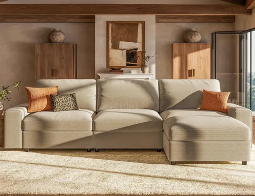 Vista 11 de Sofá modular en forma de L de gran tamaño con almacenamiento y asiento Beige