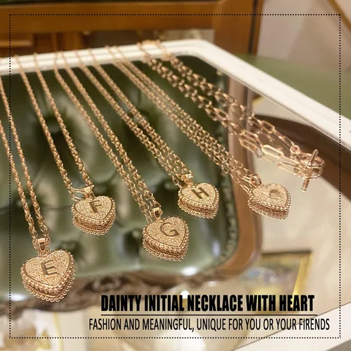 Vista 6 de Collar delicado con inicial en capas de oro de 14 quilates para mujer, dije de letra de corazón, cadena de clip chapada en oro rosa para regalo