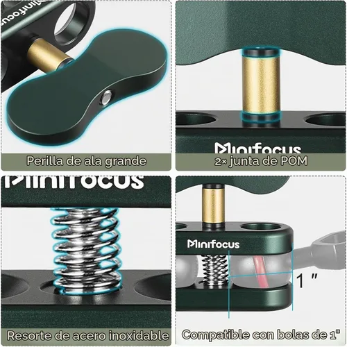 Vista 2 de MINIFOCUS Soporte de abrazadera de bola de aluminio de 1 pulgada, brazo de doble enchufe, soporte de adaptador de clip de resorte de 360° para 2