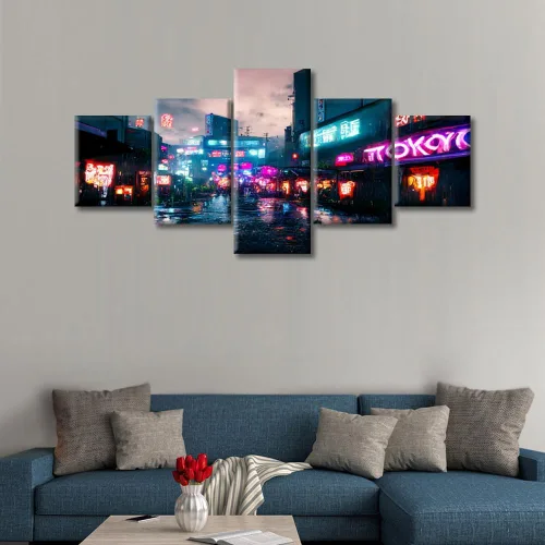 Vista 168 de Cuadros de 5 paneles de Cyberpunk City, arte de pared, representación de vallas publicitarias, edificios modernos en la capital con obras de arte