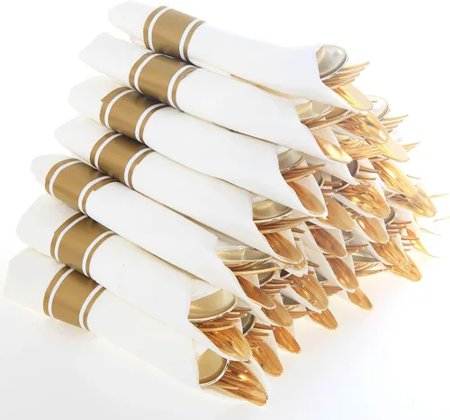 Vista 20 de Supernal Juego de 30 Cubiertos de Plástico Dorado Preenvueltos con Servilletas, Juego de Cubiertos de Plástico Envueltos, Utensilios Desechables