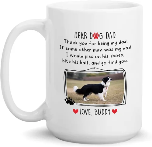 Vista 14 de Taza de café blanca personalizada con foto, con texto en inglés «To The World's Best Dog Dad We Woof You», taza de café blanca de 11 onzas y 15