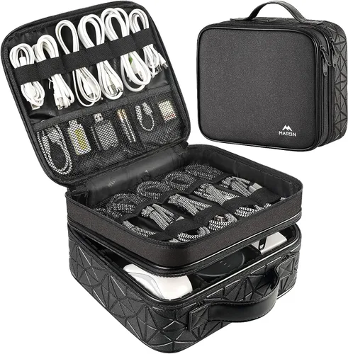 Vista 2 de Bolsa organizadora de cables, almacenamiento electrónico de viaje impermeable con ajustable, a prueba de golpes, portátil, de doble capa, bolsa