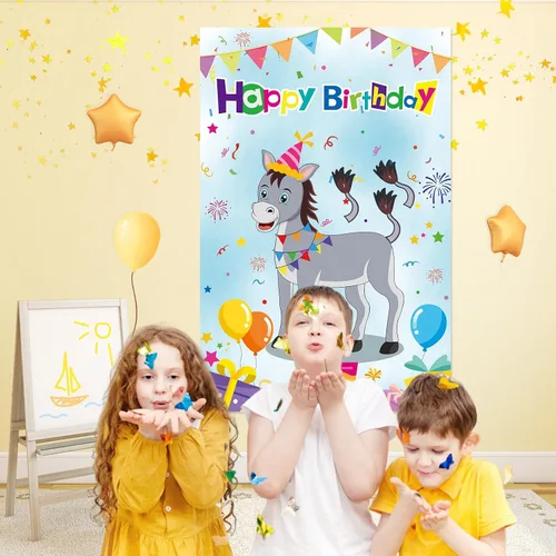 Vista 5 de Pin The Tail On The Donkey Juego de fiesta de cumpleaños con 50 piezas de colas grandes de juegos de burro para niños, suministros de fiesta