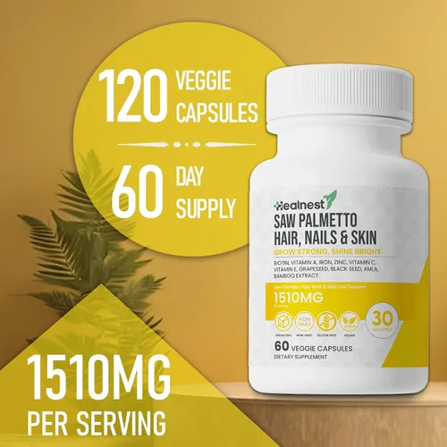 Vista 4 de Suplemento para el cuidado del cabello, las uñas y la piel con Saw Palmetto, biotina, Amla - 60 cápsulas vegetarianas sin OMG, sin gluten