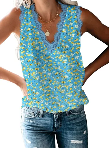 Vista 267 de VIISHOW - Camiseta sin mangas, sexy, con cuello en V y bordes de encaje para mujer, camisola de vestir, camisas de gasa, sin mangas, casuales