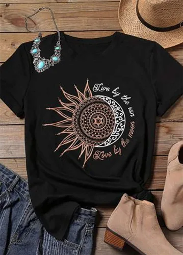 Vista 3 de MaQiYa - Camisetas gráficas de verano para mujer, manga corta, algodón con estampado de sol y luna.