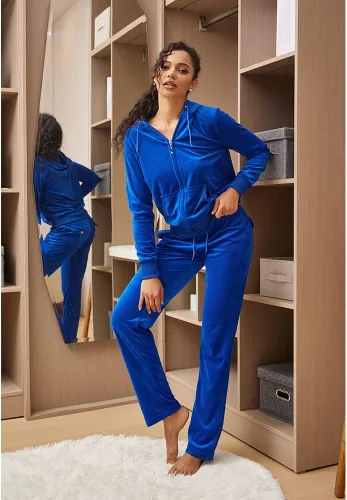 Vista 3 de LI HANTON Conjunto deportivo de terciopelo para mujer, 2 piezas, sudadera con capucha y cremallera completa