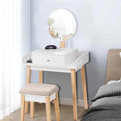 Vista 2 de MAT EXPERT Juego de tocador con espejo de altura ajustable, tocador de madera maciza blanca con taburete acolchado, tocador de maquillaje con cajón