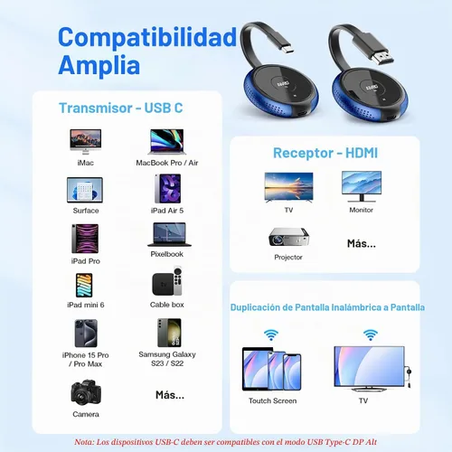 Vista 5 de AIMIBO Transmisor inalámbrico USB C y receptor HDMI 4K, 2.4/5G Extensor inalámbrico HDMI 165FT/50M, video y audio emitido desde portátil, MacBook