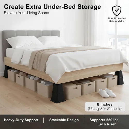 Vista 3 de Elevador para muebles de cama de 3, 5 u 8 pulgadas, versátil elevador para cama y muebles, resistente, apilable, soporta 550 libras cada elevador