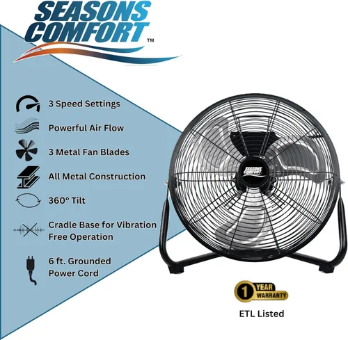 Vista 6 de Seasons Comfort Ventilador resistente de alta velocidad de 14 pulgadas 60 Watt, Heavy Duty Fan, ETL Listed, 3 Speed Air Circulator with 360 Degree