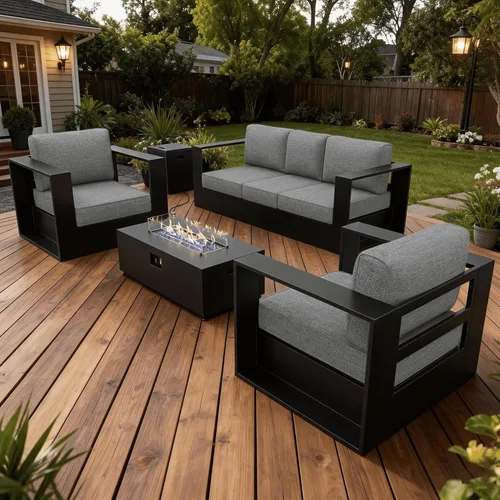 Vista 48 de LayinSun - Juego de muebles de exterior de aluminio de gran tamaño de 5 piezas con mesa auxiliar Negro/Gris oscuro