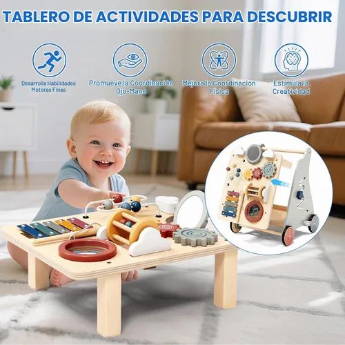 Vista 4 de 3 in 1 Wooden Baby Push Walker, Montessori Push Walker for Babies 12 Months Andador de bebé con centro de actividades, velocidad ajustable, sentarse