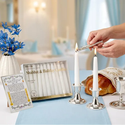 Vista 4 de Rite Lite Velas de Shabbat - 12 piezas - Empaquetadas en una hermosa caja con una tarjeta artística (blanco)