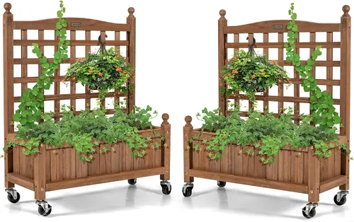 Vista 11 de Giantex Cama elevada móvil para plantas, maceta de madera con enrejado y ruedas, caja de flores para escalada de plantas, jardín vertical