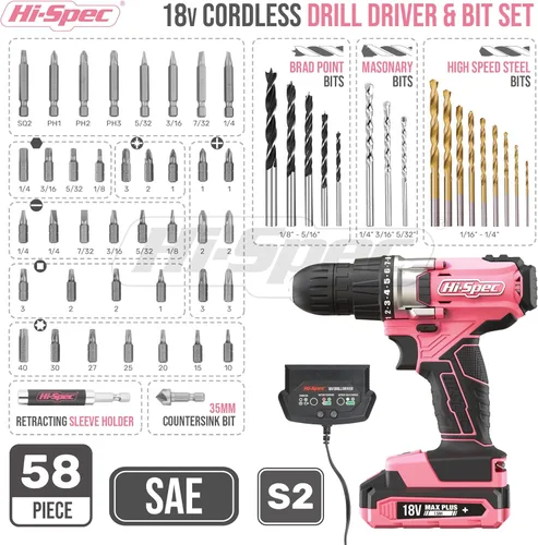 Vista 2 de Hi-Spec Juego de taladro inalámbrico rosa, taladro eléctrico de 18 V con batería y cargador, incluye juego de destornillador/brocas para madera