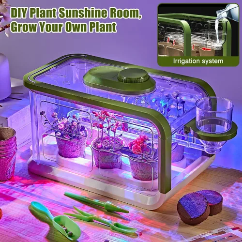 Vista 2 de Kit de cultivo de plantas para niños, kit de invernadero para jardín de niños con riego por goteo y luces de crecimiento, kit de terrario