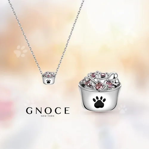 Vista 4 de GNOCE Abalorio de plata de ley 925 con forma de cuenco de comida para mascotas, se adapta a pulseracollar, regalo de joyería para mujeres, niñas