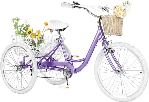 Vista 10 de Triciclos para adultos para adultos, triciclos para adultos de 7 velocidades, bicicleta de 3 ruedas de 20/24/26 pulgadas con canasta, bicicletas
