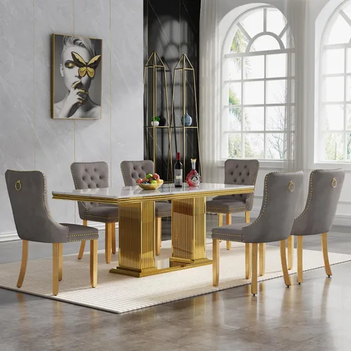 Vista 33 de Juego de mesa de comedor de 5 piezas para 4, mesa de cocina de mármol negro de 68 pulgadas con 4 sillas beige, mesa de comedor rectangular moderna