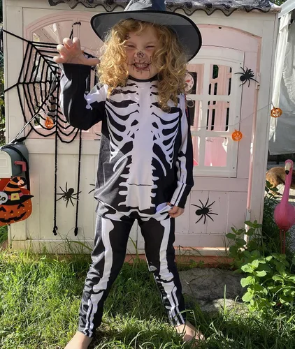 Vista 3 de RAISEVERN Body de esqueleto para niños, overol de huesos zombi de Halloween, disfraz divertido de calavera aterradora (5-14T)