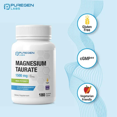 Vista 8 de Puregen Labs - Taurato de magnesio 1500 mg por porción [alta potencia de magnesio elemental] 180 cápsulas vegetales, queladas para una absorción
