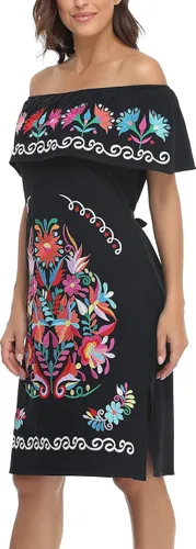Vista 3 de YZXDORWJ Vestido bordado mexicano para mujer cuello con volantes sin mangas