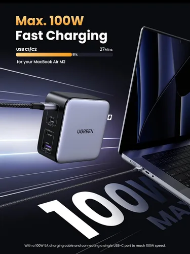 Vista 2 de UGREEN Nexode 100 W GaN USB C Cargador rápido para portátil de 4 puertos Gris-oscuro