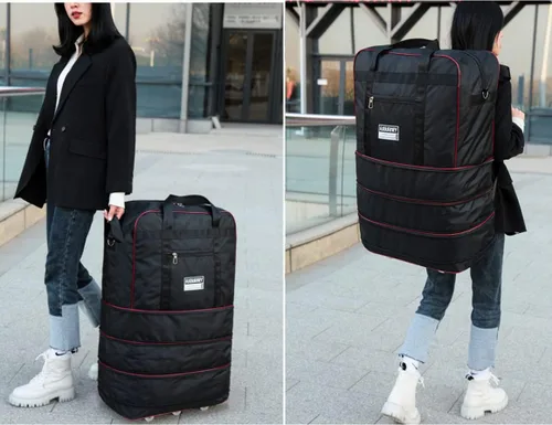 Vista 9 de Bolsa de viaje Oxford expandible extra grande con ruedas, impermeable, ligera, plegable, maleta, Azul, Equipaje extensible central rígido con ruedas