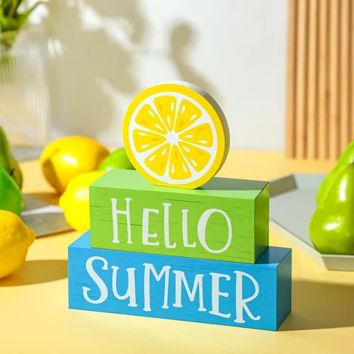 Vista 7 de Yulejo Decoración de bloque de madera de verano de 3 piezas de Hello Summer Limón, decoración de bandeja rústica con bloques decorativos para casa