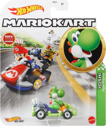 Vista 4 de Hot Wheels Die Cast GRN19 Modelo Kart 2.0 in Yoshi Dinosaur Pipe Frame Kart Super Mario Kart 1/64 2.4 in Multicolor