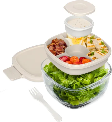 Vista 16 de Bentgo Recipiente de Ensalada de Vidrio Todo en Uno - Ensaladera Grande de 61 oz con Tapa, Bandeja Estilo Bento de 4 Compartimentos, Recipiente