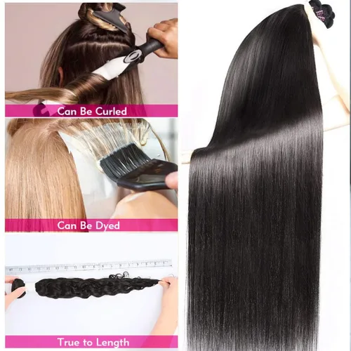 Vista 5 de Younsolo Paquetes de pelo lacio brasileño, cabello humano virgen 100% sin procesar, color negro natural, 4 paquetes, 12, 14, 16 y 18 pulgadas